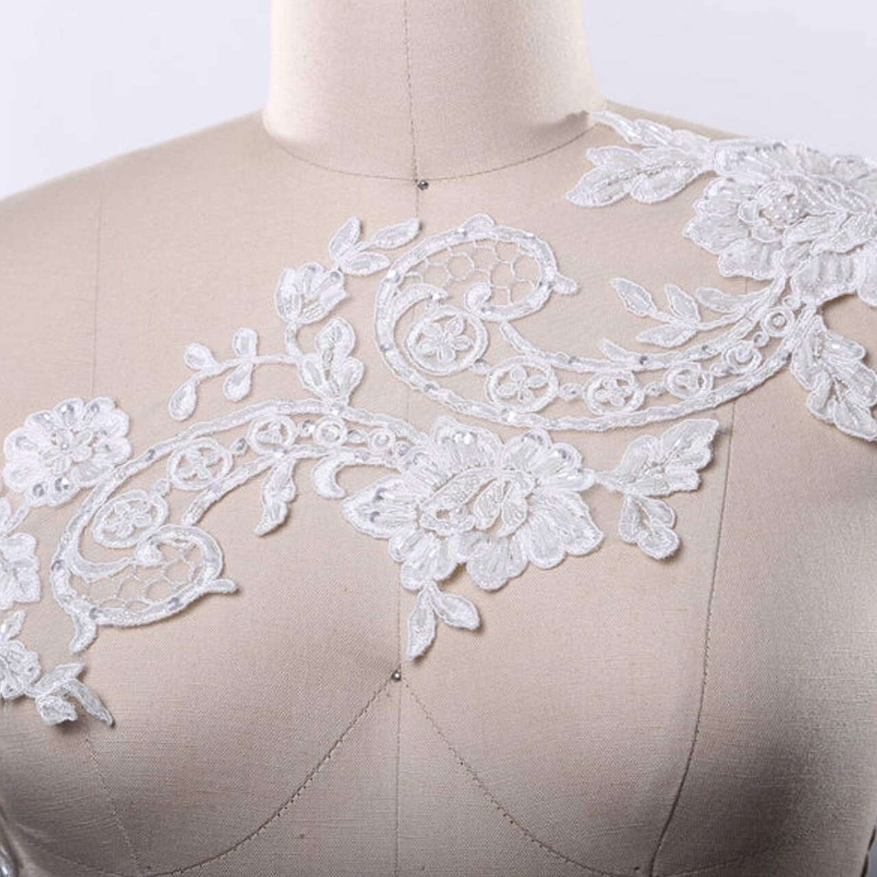 2 Pieces 21" Length White Beaded Lace Applique Pair Extra Long Floral Design